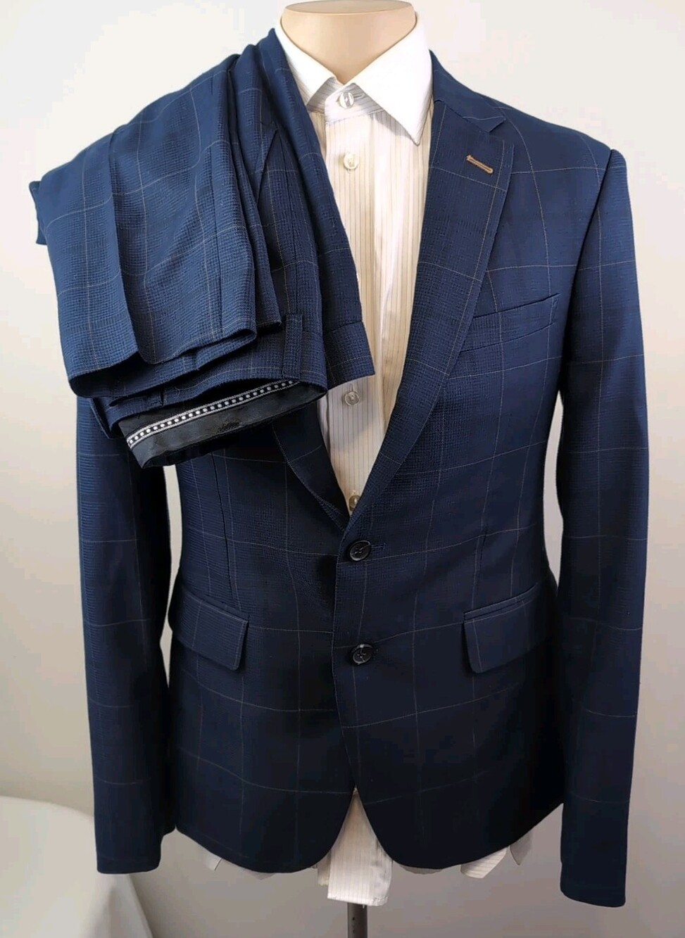 Empire Customs Bespoke Mens Blue Check 2 Piece Surgeon Cuff Suit 38S-W34X29.5
